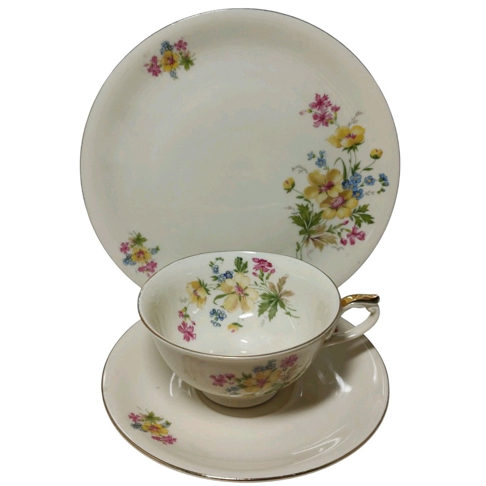 Vintage Bavaria Teacup Saucer Dessert Plate Set Floral Gold Trim Set of‎ Three